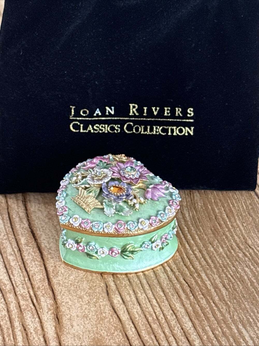 Joan Rivers Small Mint Green Heart Floral Trinket Box Metal
